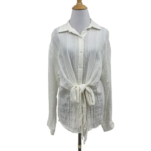 G.P.D. Blouse Womens L Large White Crinkled Button Front Tie Waist Long Sleeve - Picture 1 of 10